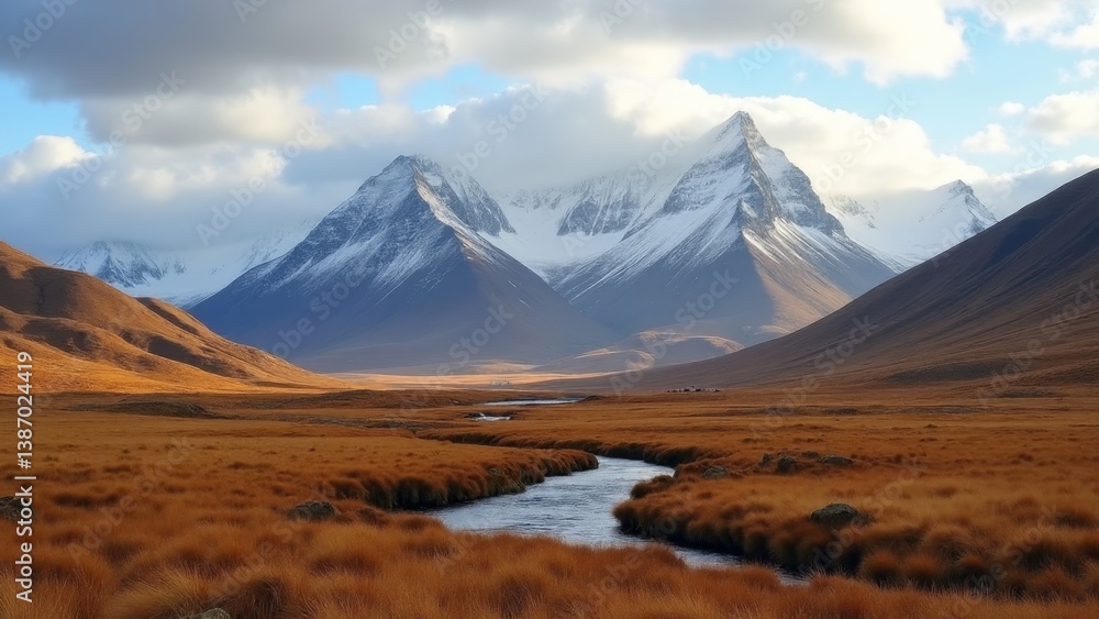 Mountains With River Running Through Meadow Mountains With River Running Through Meadow