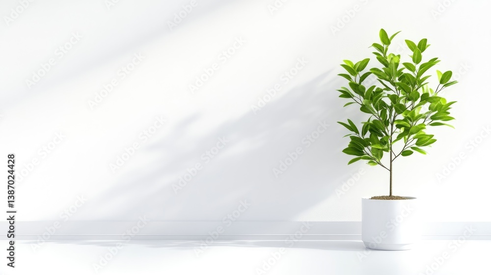 Obraz premium Minimalist plant in a white pot against a bright white wall. Sunlight casts gentle shadows