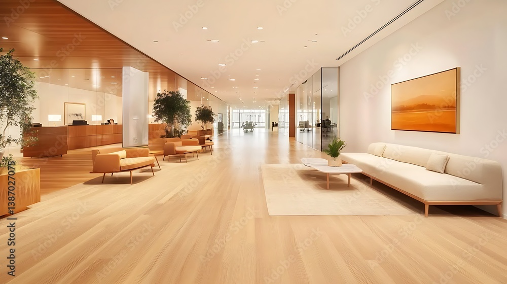 Fototapeta premium Serene Modern Office Lobby with Warm Wood Floors