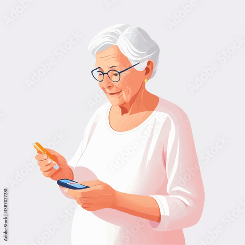 Senior woman checking blood glucose level, elderly health monitoring vector illustration