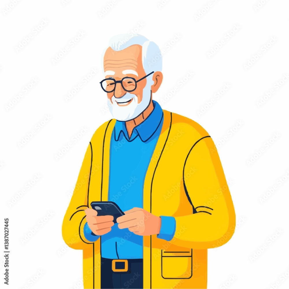 Elderly man using mobile phone, senior digital lifestyle vector illustration Elderly man using mobile phone, senior digital lifestyle vector illustration