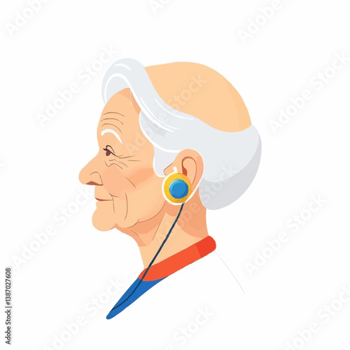 Elderly person side view with hearing assistance device, senior healthcare vector illustration