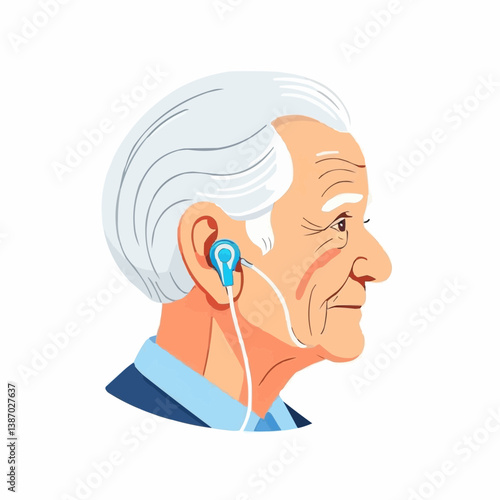 Elderly person with hearing device in blue outfit, senior healthcare vector illustration