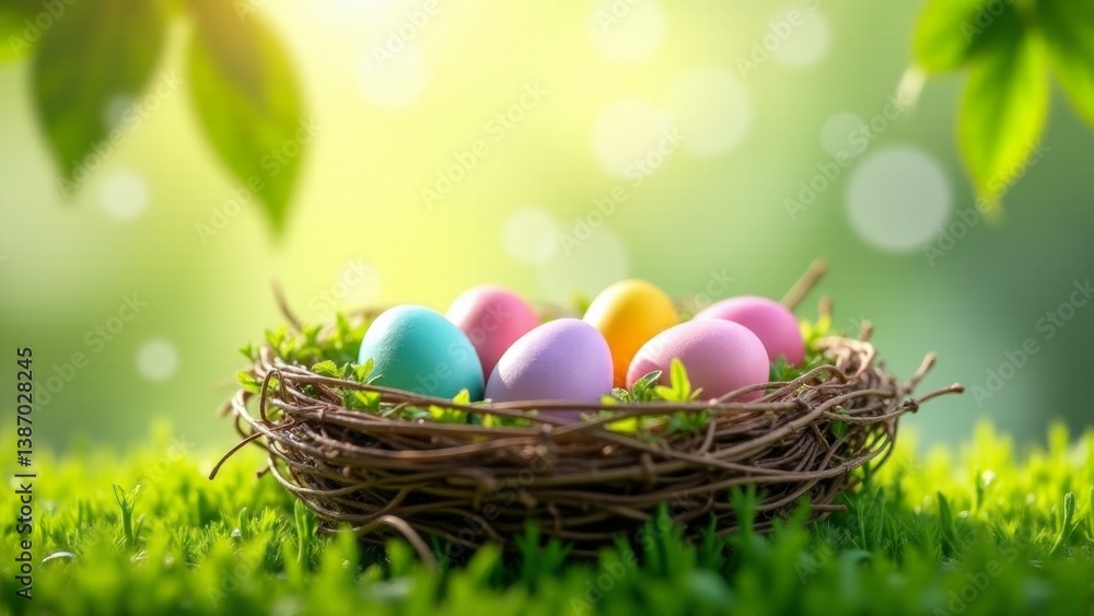 Fototapeta premium Pastel Easter Eggs In Nest Outdoors