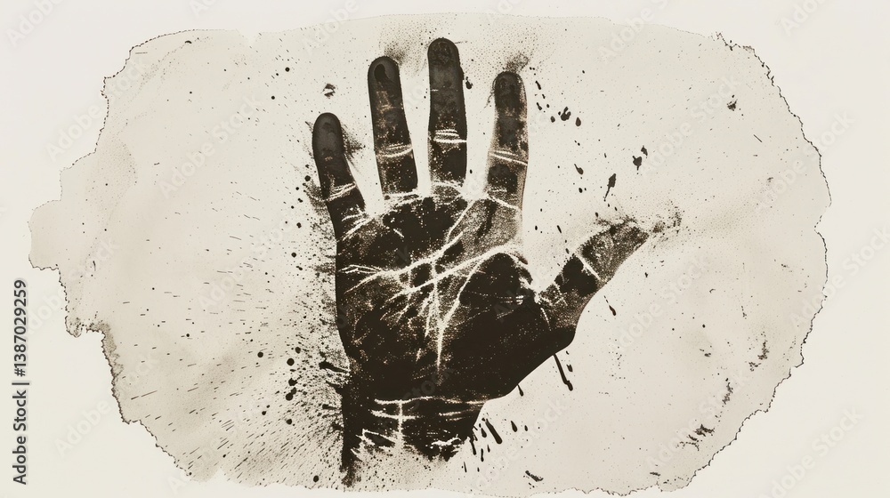 Obraz premium A grunge human hand print made from black ink color on white paper background. Generated AI
