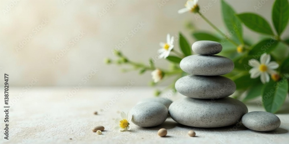 Serene Stack of Gray Stones and Delicate White Blossoms on a Light Neutral Background Serene Stack of Gray Stones and Delicate White Blossoms on a Light Neutral Background