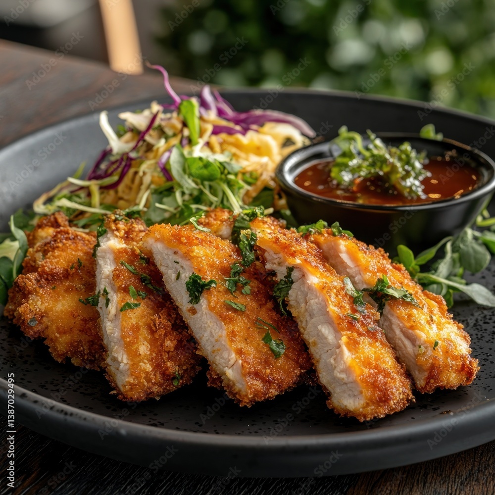 Crispy breaded cutlet slices served with vibrant salad and dipping sauce Crispy breaded cutlet slices served with vibrant salad and dipping sauce