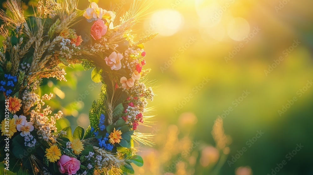Glowing sun-shaped wreath with fresh flowers and wheat stalks, radiating warmth and celebrating summer solstice. Glowing sun-shaped wreath with fresh flowers and wheat stalks, radiating warmth and celebrating summer solstice.