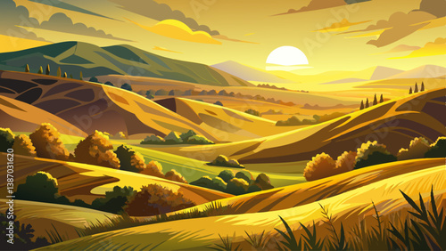 Rolling hills of shrubland glowing under the golden sunlight of late afternoon