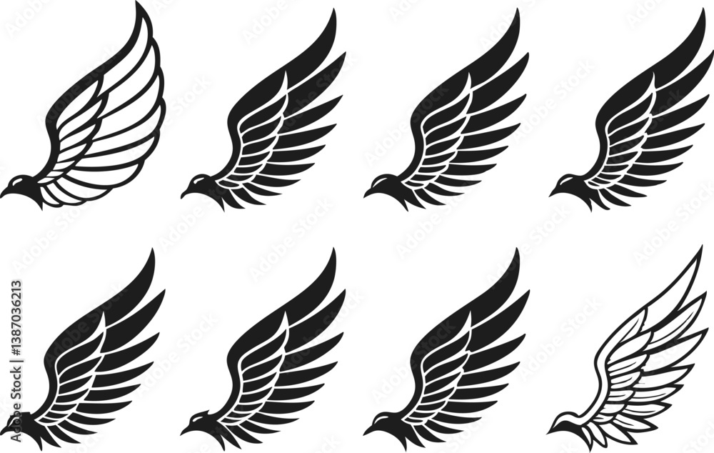 Fototapeta premium Black wings silhouette vector design set.