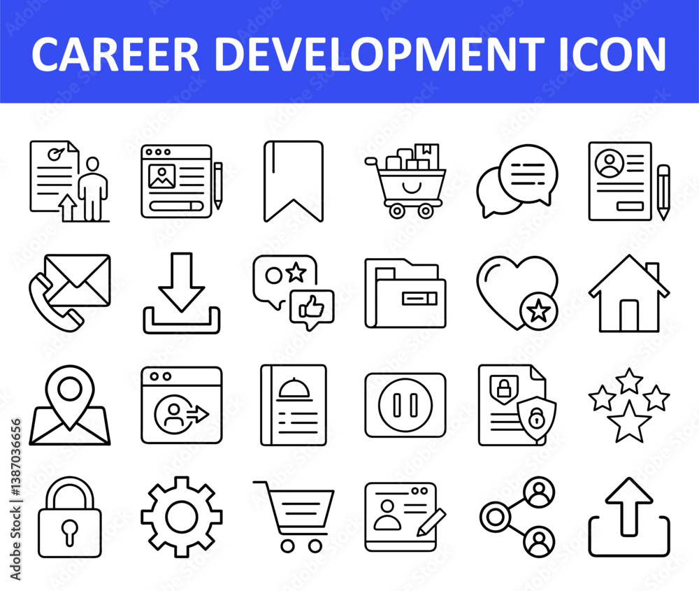 Fototapeta premium Career Development Icon Set for Business and Web, Collection of thin line icons representing career development, recruitment, skills growth, and online business tools for websites or apps.