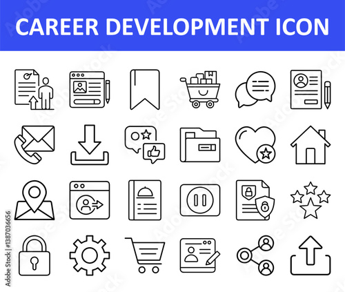 Career Development Icon Set for Business and Web, Collection of thin line icons representing career development, recruitment, skills growth, and online business tools for websites or apps.