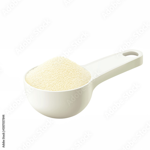 Realistic illustration of a white plastic measuring scoop filled with fine milk powder, nutritional dairy ingredient for food or baby formula isolated on transparent background.