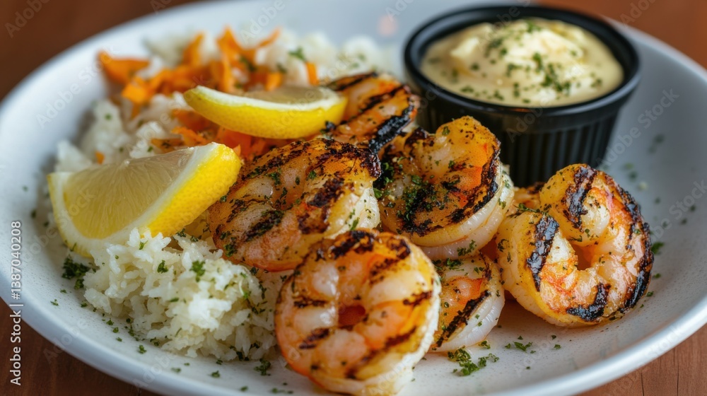 A plate of grilled shrimp with garlic butter and lemon wedges. Featuring flavor and freshness A plate of grilled shrimp with garlic butter and lemon wedges. Featuring flavor and freshness