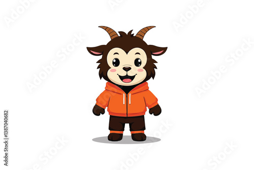 Cartoon goat character with an orange hoodie, standing centrally, isolated on a white background, displaying a cheerful and friendly expression.
