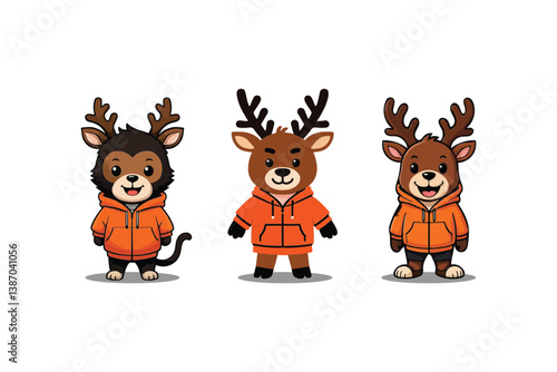 Trio of cartoon deer characters with orange hoodies, standing side by side, isolated on a white background, displaying cheerful expressions and unique features.