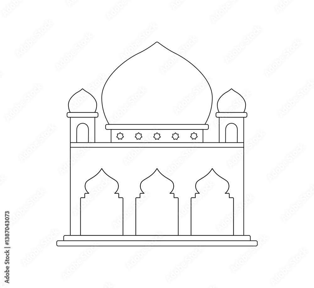 Modern Minimalist Mosque Outline with Domes and Minarets for Islamic Backgrounds and Themes. Modern Minimalist Mosque Outline with Domes and Minarets for Islamic Backgrounds and Themes.