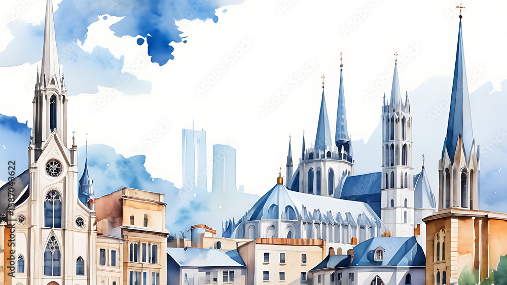 Naklejka premium Watercolor Cityscape Painting with Churches and Modern Buildings Art Illustration