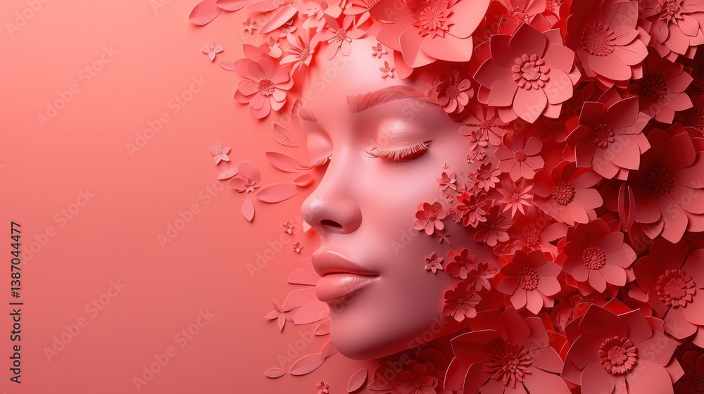 Fototapeta premium Floral Coral Woman Portrait, Peaceful Studio