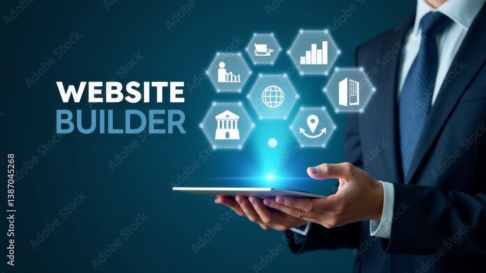 Man Holding Tablet With Website Builder Man Holding Tablet With Website Builder