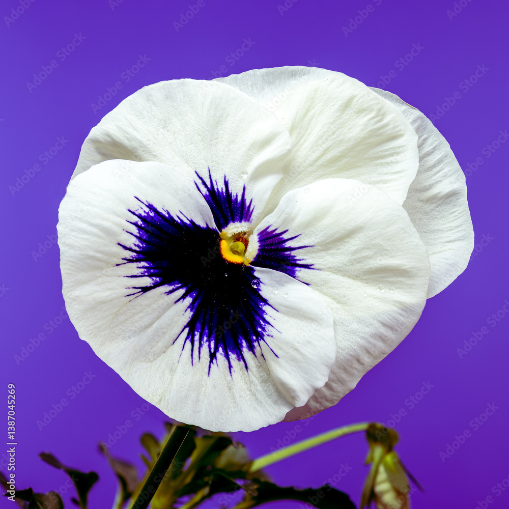 White Pansy Flower with Dark Blue Center purple background