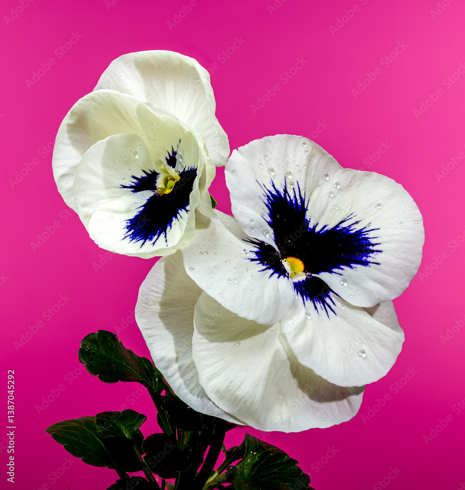 White Pansy Flower with Dark Blue Center pink background