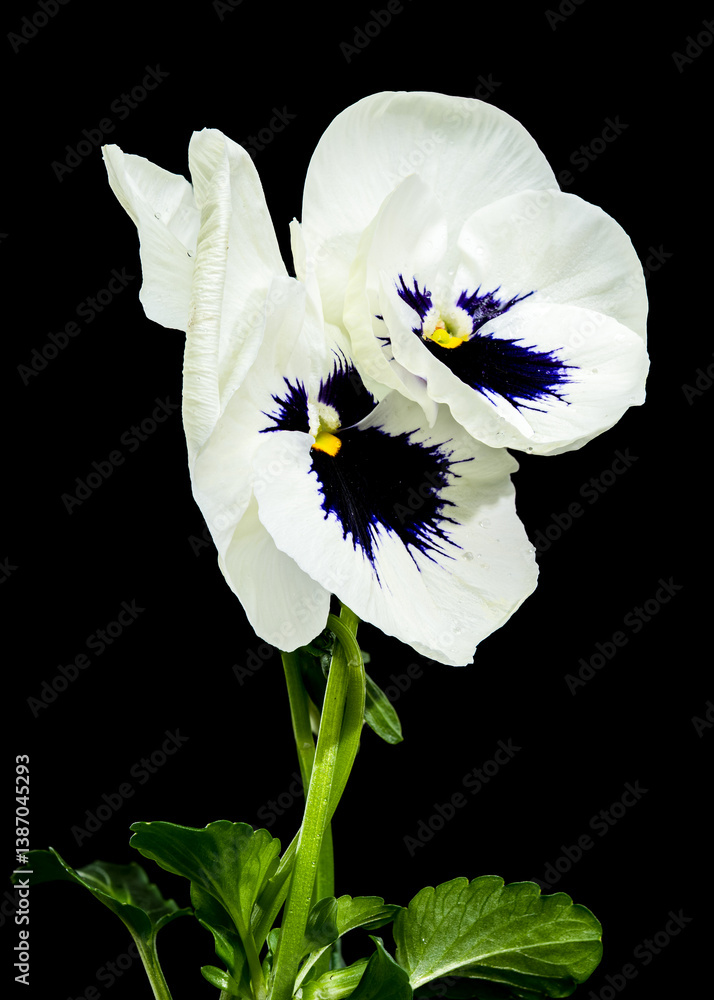 White Pansy Flower with Dark Blue Center isolated on black background