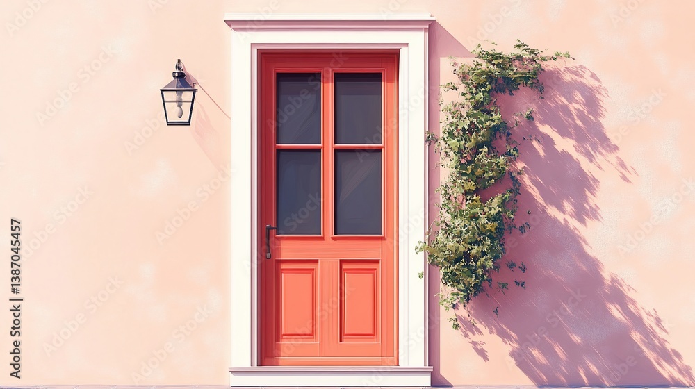 Fototapeta premium Charming Coral Doorway with Ivy and Lantern