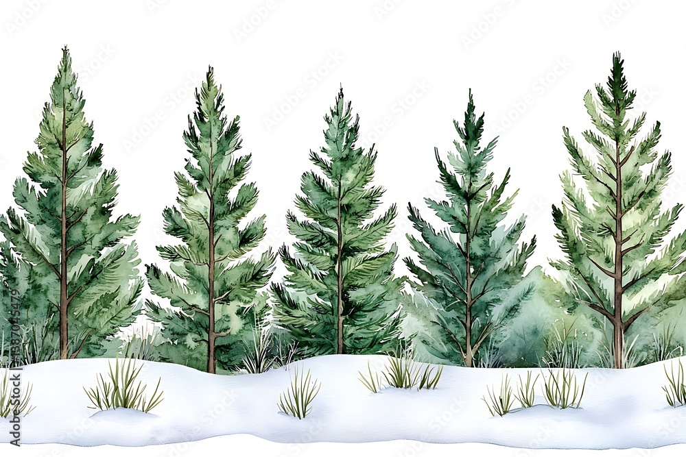 Obraz premium Watercolor Illustration of Evergreen Trees in Wintery Landscape