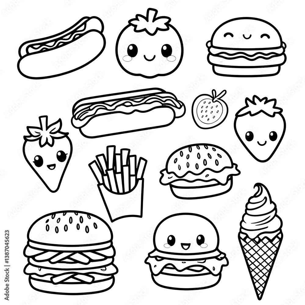 Cute kawaii food coloring pages, black and white line art, hot dog, strawberry, french fries, cheese slice, hamburger, ice cream cone Cute kawaii food coloring pages, black and white line art, hot dog, strawberry, french fries, cheese slice, hamburger, ice cream cone