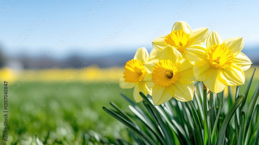 Obraz premium A cluster of bright yellow daffodils, their petals delicate and sunlit, dominates the foreground. The daffodils are sharply focused against a softly blurred background of a green field and a clear bl