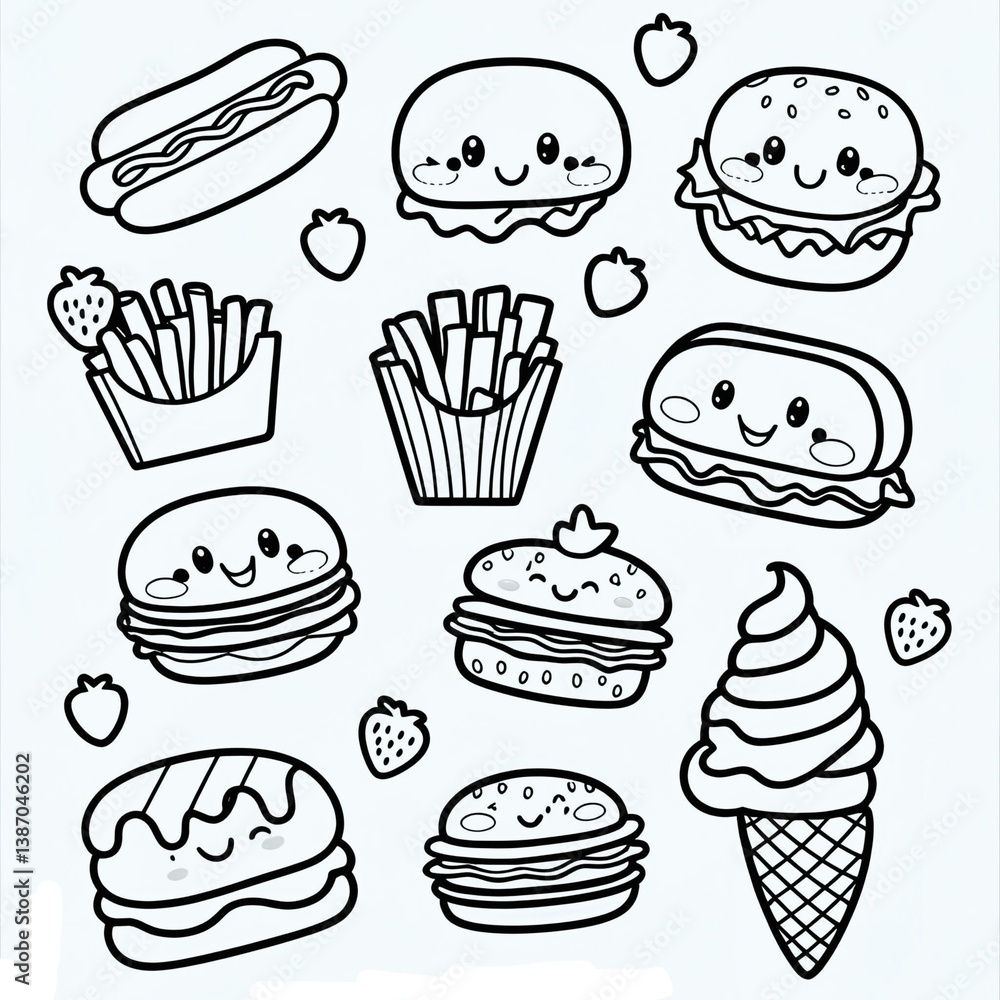 Cute kawaii food coloring pages, black and white line art, hot dog, strawberry, french fries, cheese slice, hamburger, ice cream cone Cute kawaii food coloring pages, black and white line art, hot dog, strawberry, french fries, cheese slice, hamburger, ice cream cone