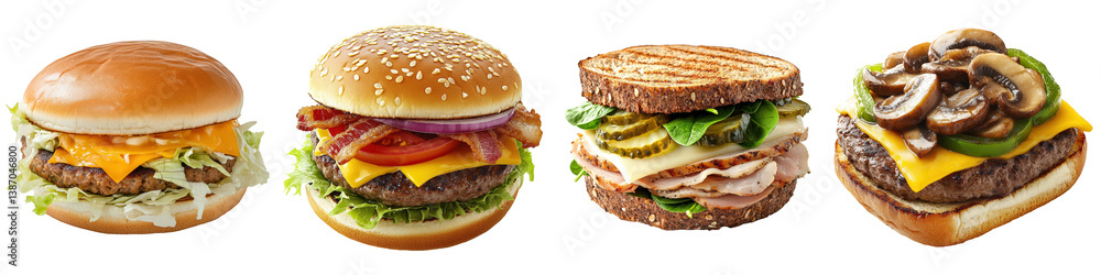 Four delicious sandwich variations cheeseburger, bacon burger, grilled turkey and swiss, mushroom burger. Four delicious sandwich variations cheeseburger, bacon burger, grilled turkey and swiss, mushroom burger.
