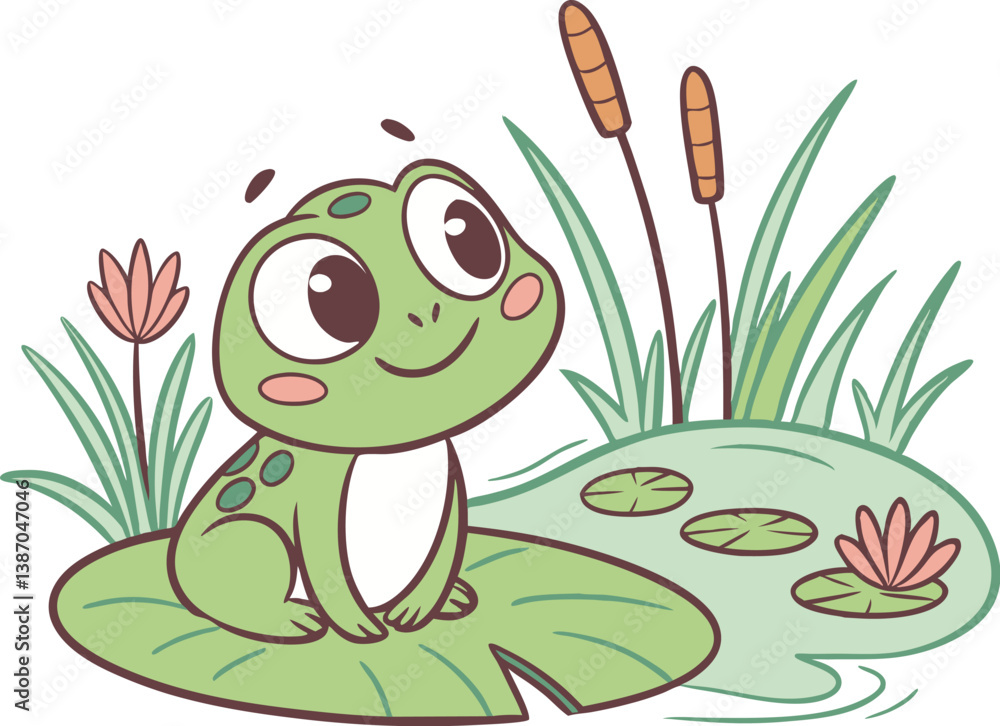 Fototapeta premium Cute Frog Sitting on Lily Pad in Pond - Vector Illustration