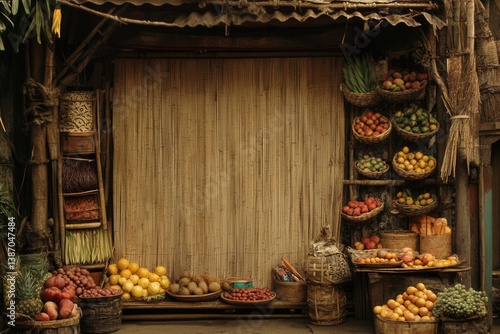 Rustic Market Stall with Fresh Fruits and Vegetables in Baskets