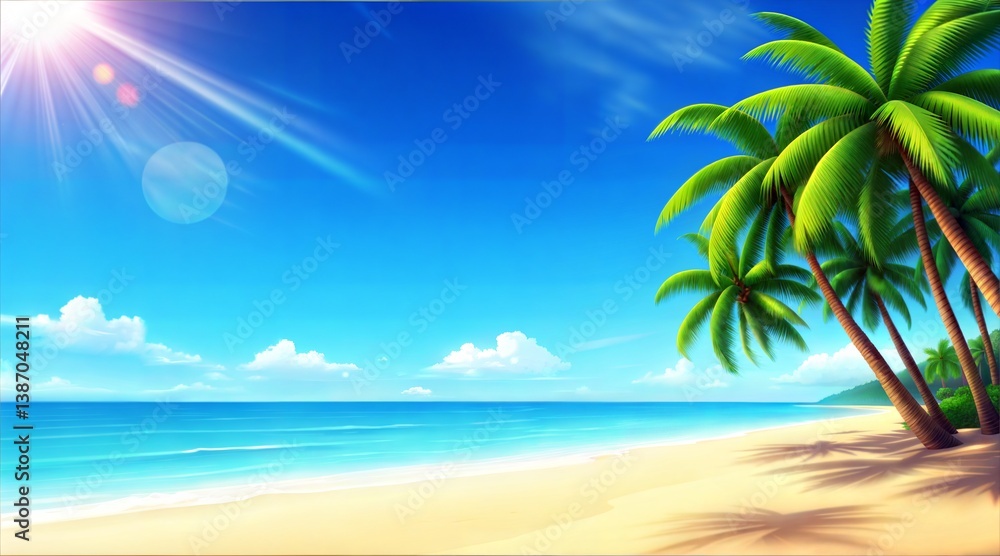 Fototapeta premium Tropical Beach Paradise With Palm Trees And Bright Sun Illustration