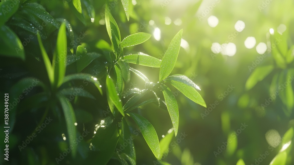 Obraz premium Fresh Green Leaves with Morning Dew and Soft Sunlight Glow