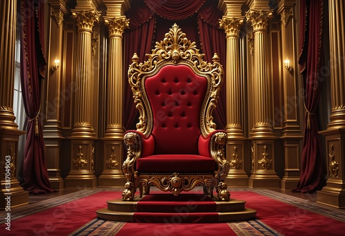 Majestic Red and Gold Royal Throne Chair in Palace Setting – Classic Baroque Luxury Seat