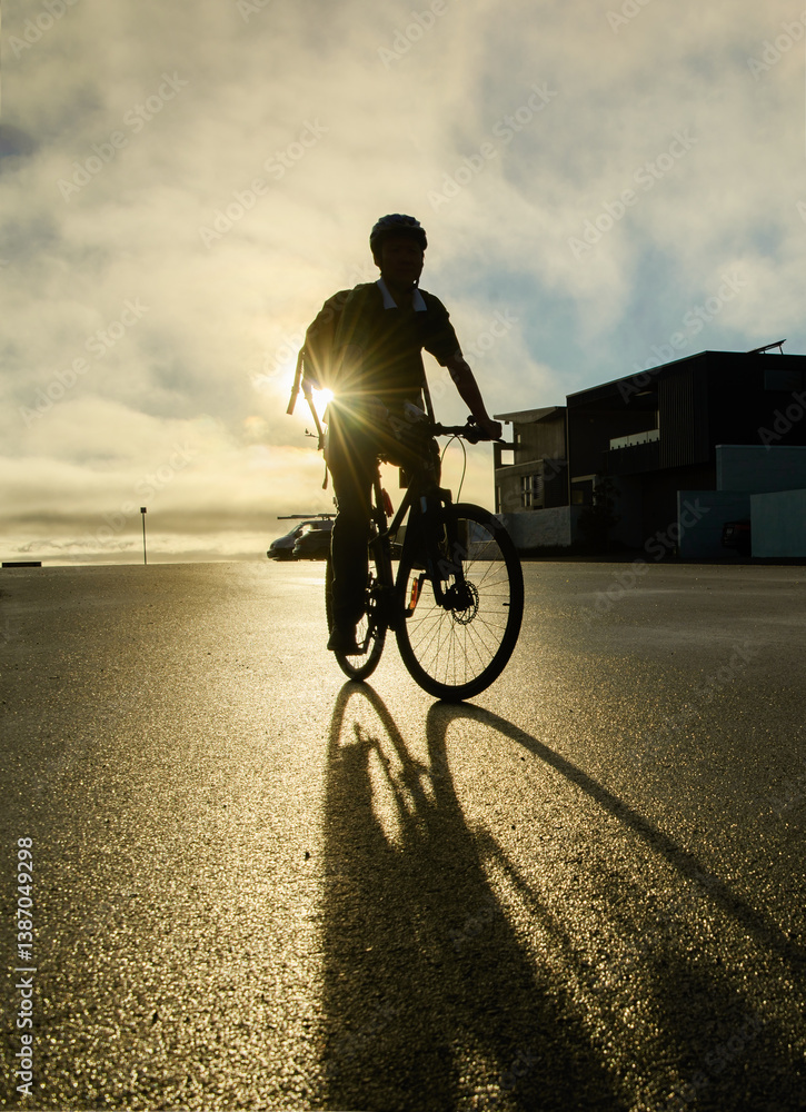 Cyclist in silhouette riding on the suburb road at sunrise. Sun starburst shining from behind. Auckland.