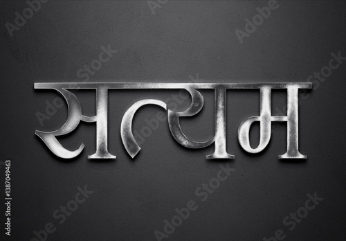 Chrome metal 3D Hindi name design of Satyam on grey background in Hindi.