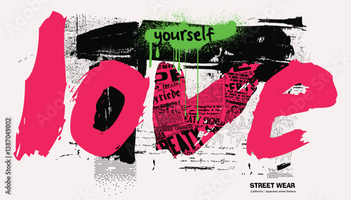 Slogan of love yourself, graffiti slogan print with neon spray, t shirt graphics print vector illustration design, Urban typography hipster street art for graphic t- shirt.eps