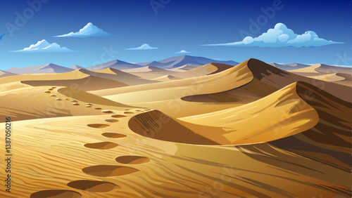 Footprints trailing across smooth sand dunes, disappearing into the vast arid horizon
