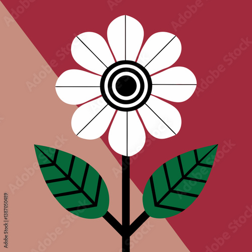 A stylized white daisy blooms against a warm burgundy and dusty rose backdrop, a minimalist floral design celebrating simple elegance and nature's quiet beauty.
