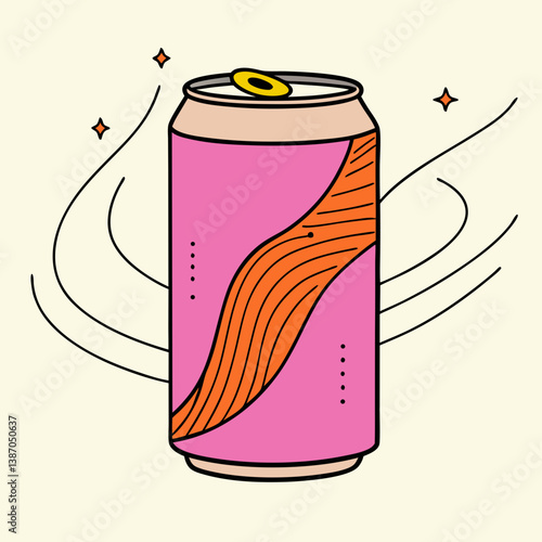 A vibrant pink soda can with swirling orange design, playfully spinning in a whimsical, retro-inspired illustration.