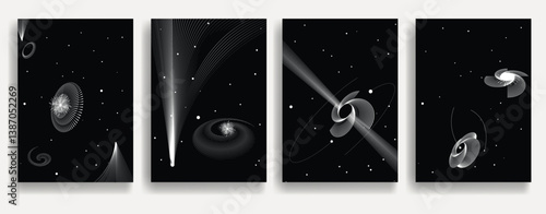 Black hole with disc of plasma eating dying star in space. Supermassive singularity in core off a galaxy, with lines . Event horizon .Spiral galaxies . Vector illustration
