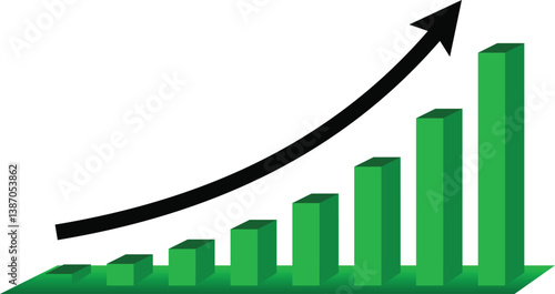 3D business graph with an up arrow shows financial growth