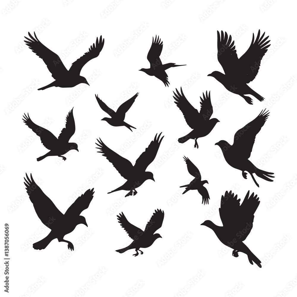 Obraz premium Flock of flying birds silhouette vector, Flying bird black silhouette vector set