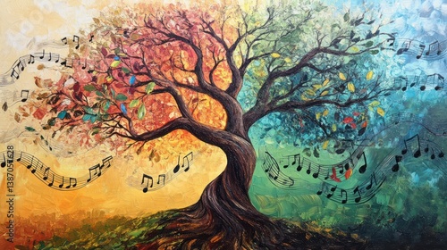 Four Seasons Tree, Music Notes, Canvas Painting, Abstract Art, Nature