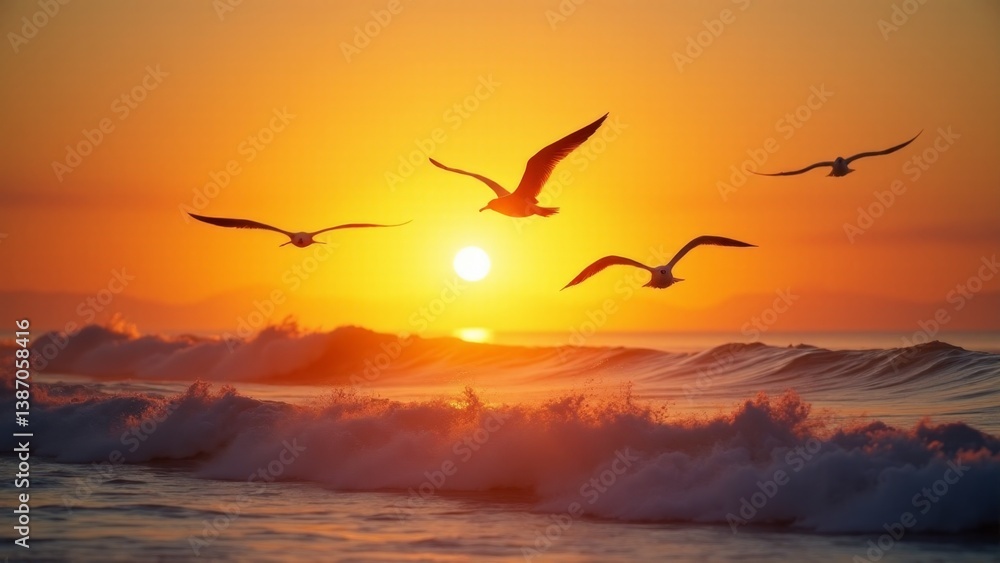 Naklejka premium Seagulls Flying Over Ocean at Sunset