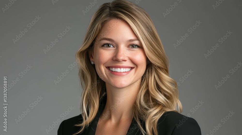 Naklejka premium Professional woman smiling against a neutral background, exuding confidence and positivity.